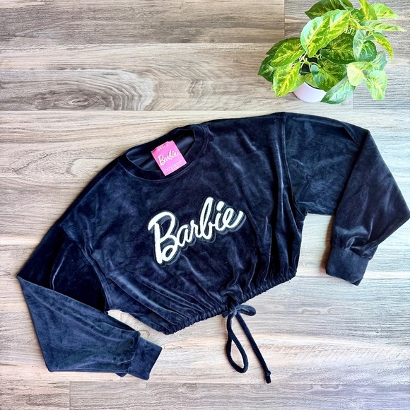 Barbie Black Velour Pullover Cropped Long Sleeve Drawstring Sweatshirt Top Sz M - Picture 2 of 11